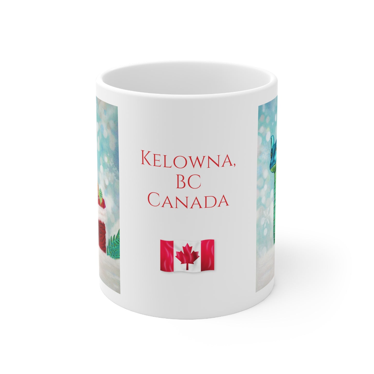 11oz White Ceramic Mug - "Lady Ogopogo" Kelowna, BC Canada Text & Flag | Custom Art Print