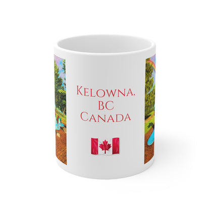 11oz White Ceramic Mugs | "Ogopogo Statue" Kelowna, BC Canada Text & Flag | Custom Art Print