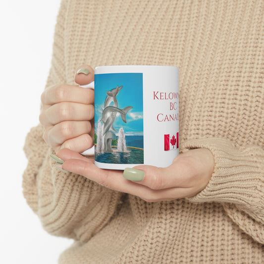 11oz White Ceramic Mugs | "THE DOLPHINS" Kelowna, BC Canada Text & Flag | Custom Art Print