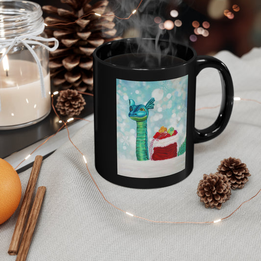 11oz Black Ceramic Mug | "Ogopogo & Santa Bag" Kelowna Christmas Edition | Custom Art Print