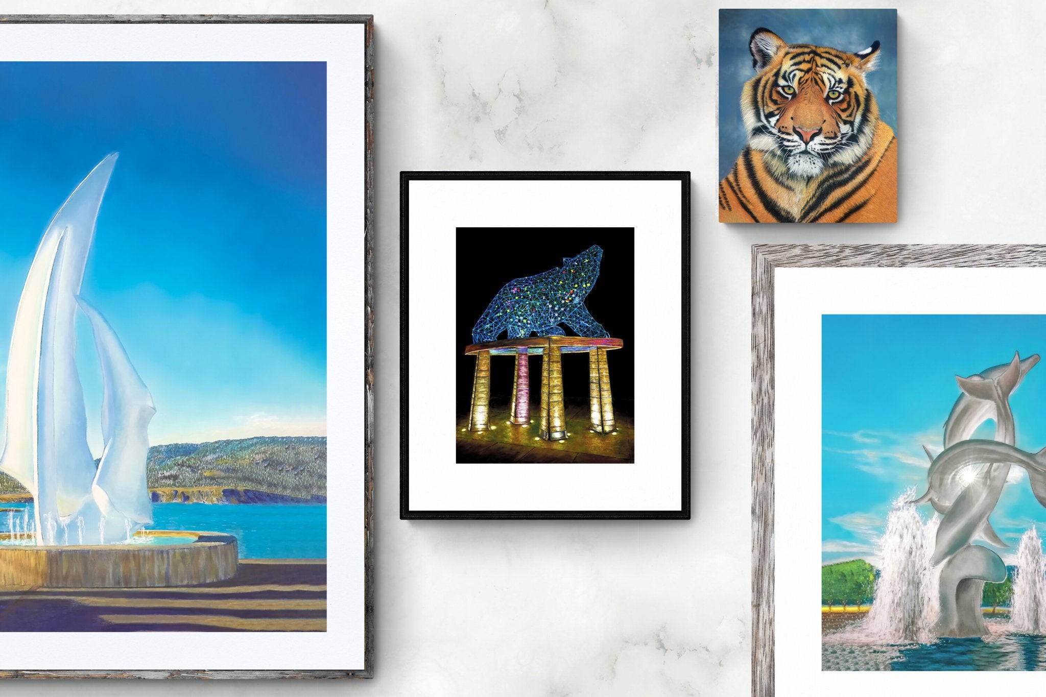 Homepage banner of 4 paintings on a wall. Thes Sails, Bear, The Dolphins & Tiger