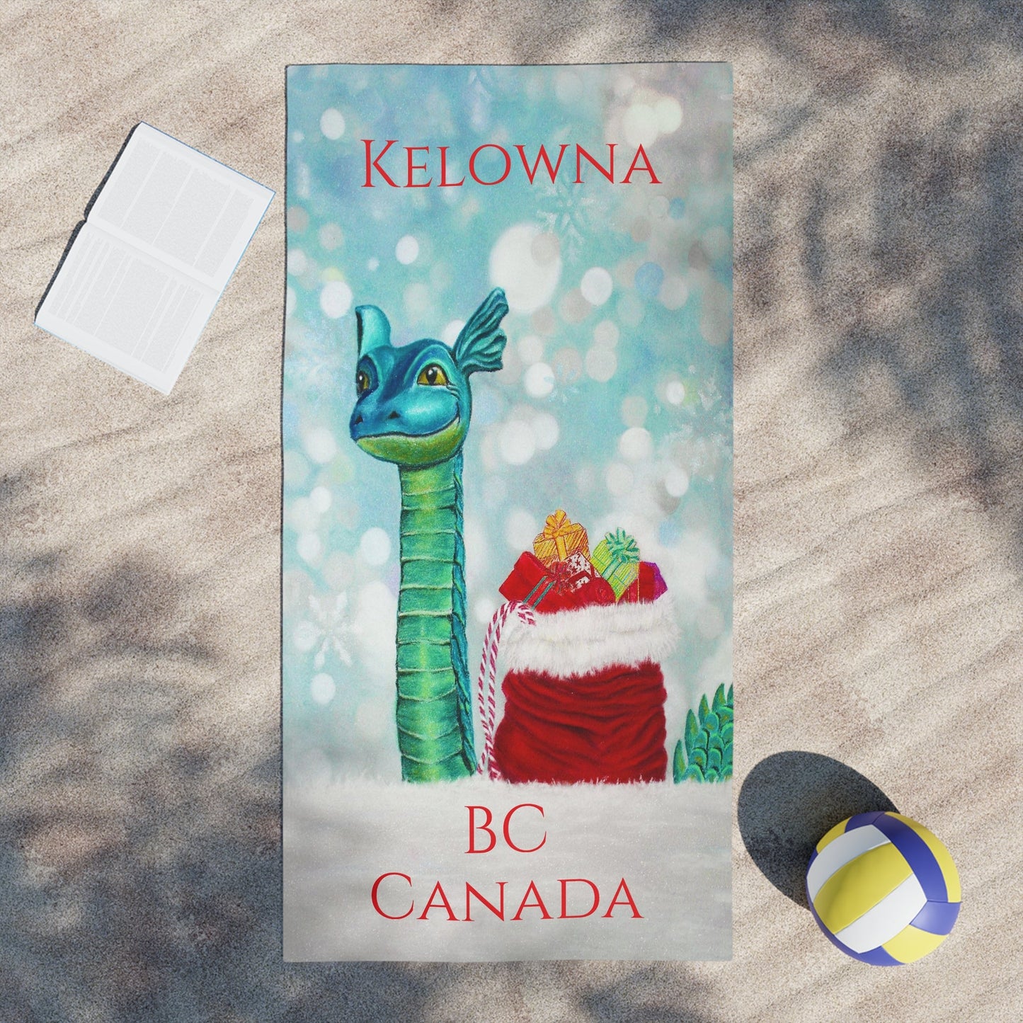Beach Towels - "OGOPOGO & SANTA BAG" Kelowna, BC (With Text)