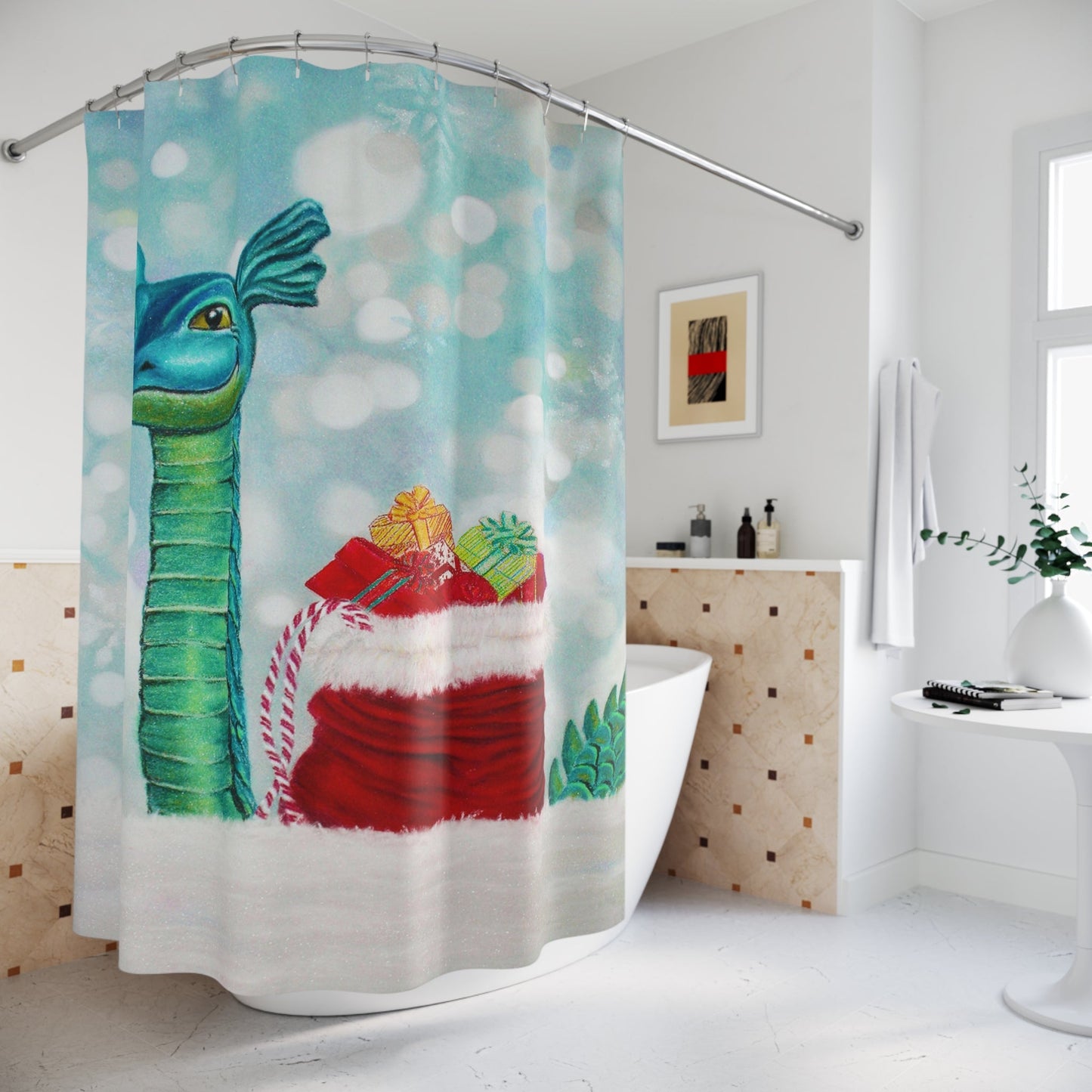 Shower Curtain - "OGOPOGO & SANTA BAG" Kelowna, BC