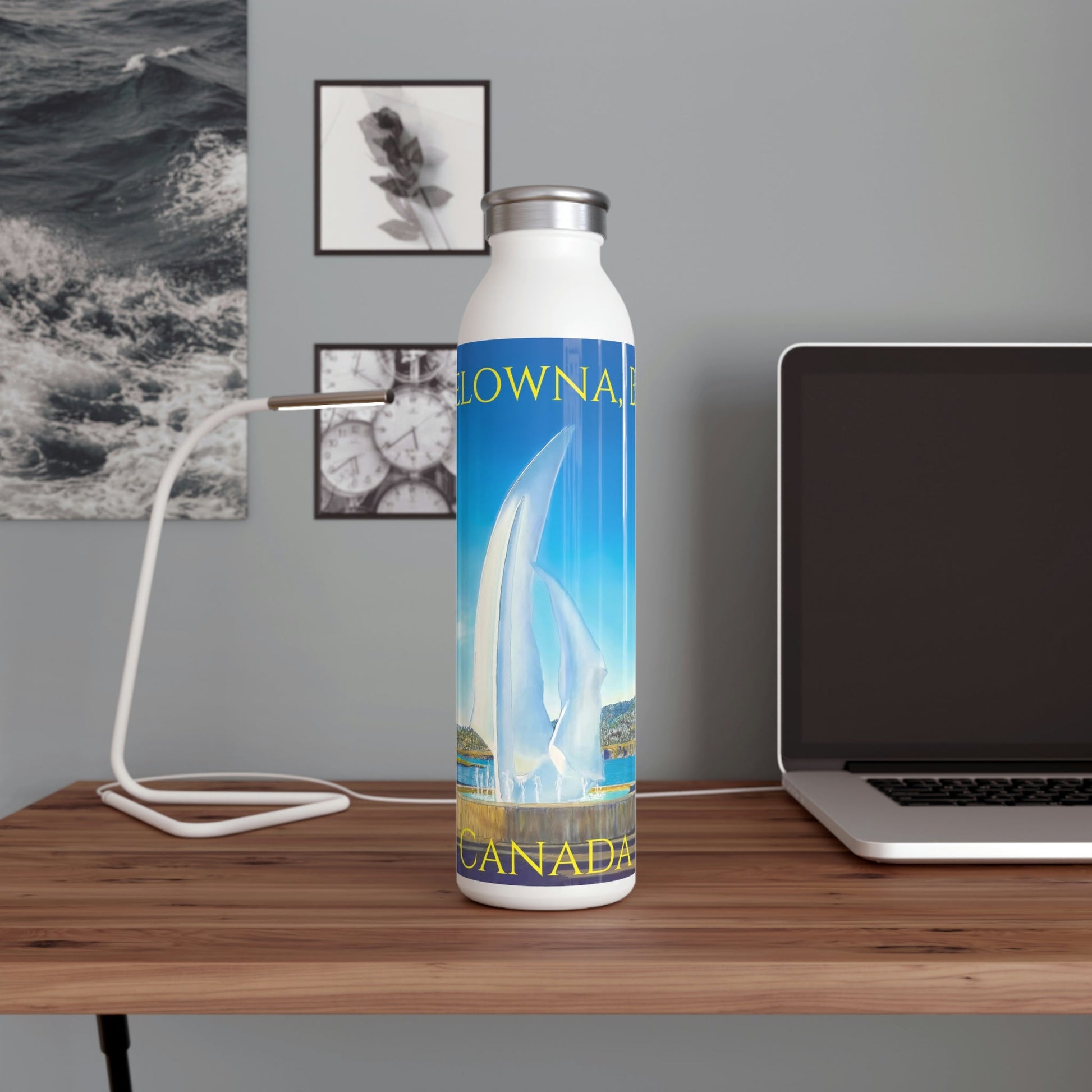 Slim Water Bottle | "The Sails" & "Kelowna, BC Canada" Text | Custom Art Print