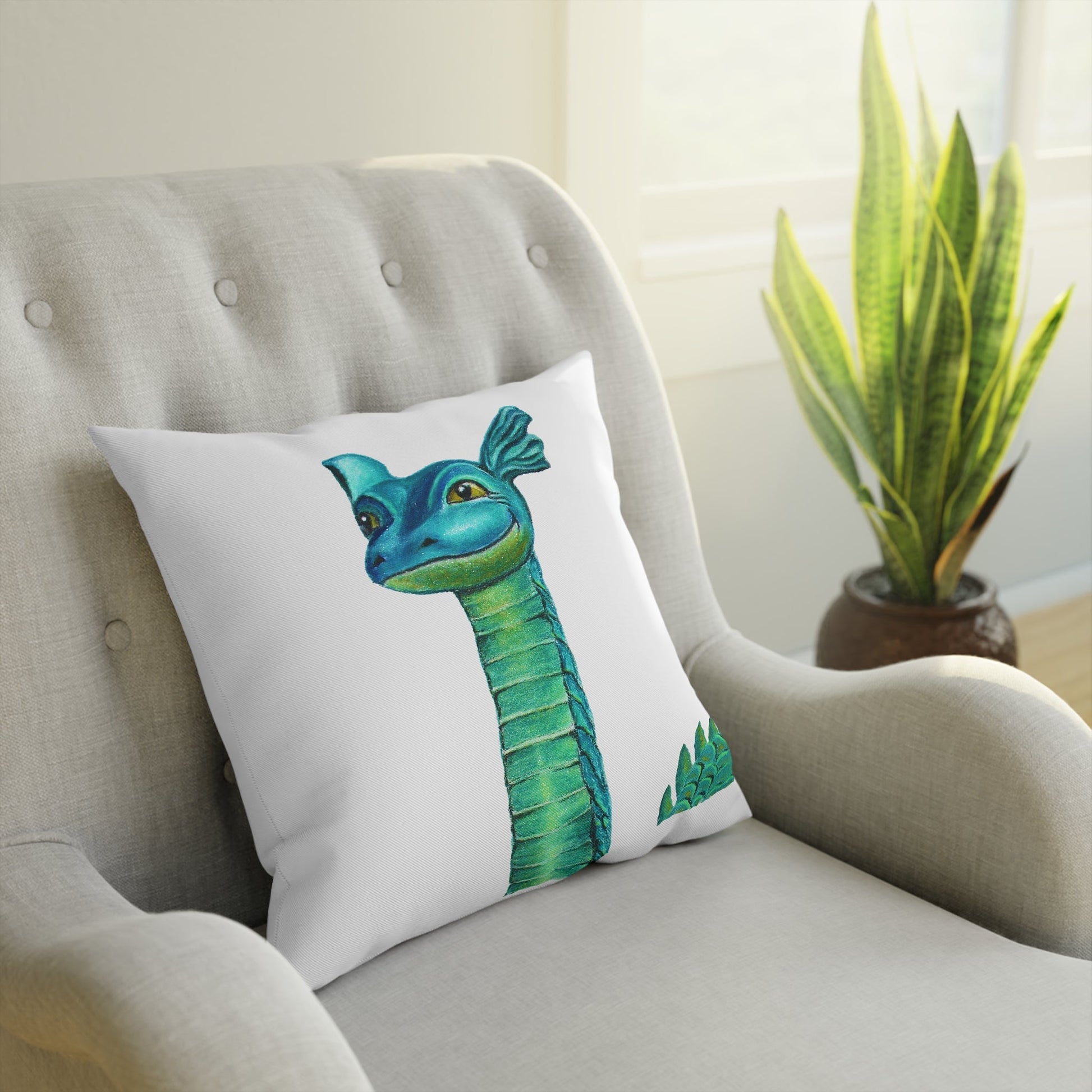 Spun Polyester Throw Pillow (White) - "LADY OGOPOGO" Kelowna, BC